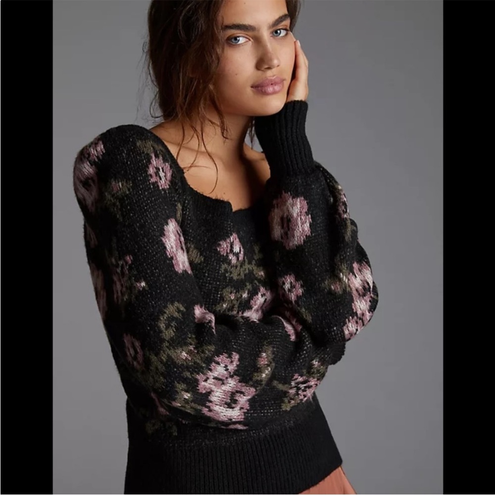 Anthropologie Black and Pink Floral Sweater